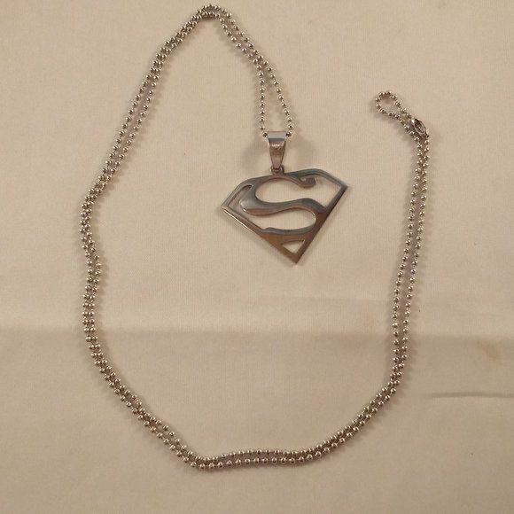 Mens Silver Superman Symbol Super Hero Stainless Steel Chain Necklace 24" Gift - Picture 3 of 3